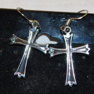 Photo of Pair of Silver Tone Cross Earrings 1" x ¾"
