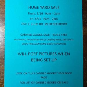 Photo of HUGE YARD SALE THURSDAY 5/16 and FRIDAY 5/17