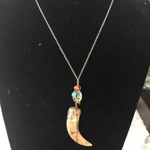 Photo of Stone claw pendant, gold, toned, chain glass beads necklace