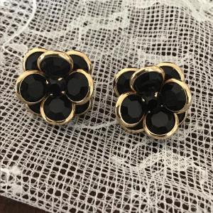 Photo of gold tone with black crystals dainty floral design Earrings studs