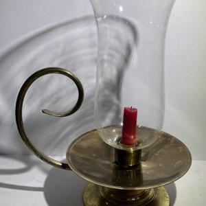 Photo of Vintage Brass Handheld Candle Holder Lantern Globe 13" Tall as Pictured.
