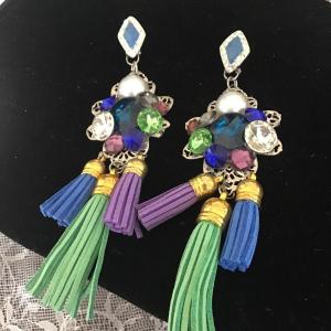 Photo of Multi-Color Crystal and Fabric Flower Fun Fashion Chandelier Earrings