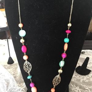 Photo of Gold tone leaf colorful beaded long necklace