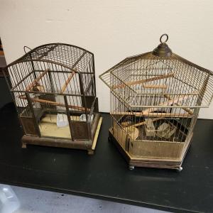 Photo of 2 Vintage Hanging Wire Bird Cages 1 Etched Glass Doors