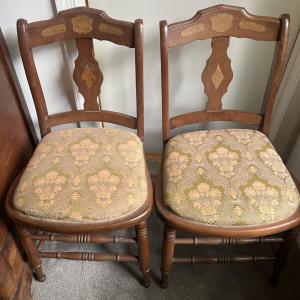 Photo of (2) Antique Inlaid Wooden Hand Made Chairs Preowned from an Estate as Pictured.