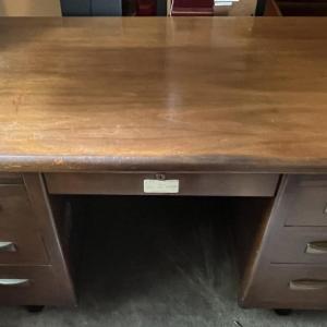 Photo of Vintage Mid-Century Heavy Wooden Desk 48.5" x 29" x 28.5" Tall in Fair-Good Cond