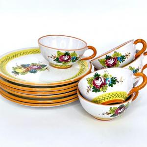 Photo of Vintage 12 Piece Hand Painted Floral Italian Pottery Nesting Cup and Dish Set