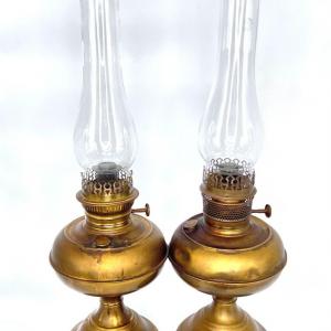 Photo of Set of 2 Antique 1905 Rayo Western Brass Oil Lamps with Pyrex Glass Tops