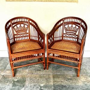 Photo of Set of 2 Vintage Chinese Chippendale Bamboo Rattan Cane Seat Chairs
