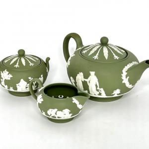 Photo of Vintage Wedgewood Green Jasperware Set - Sugar, Creamer, Teapot