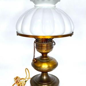 Photo of Vintage Brass Hurricane Lamp with Milk Glass Shade
