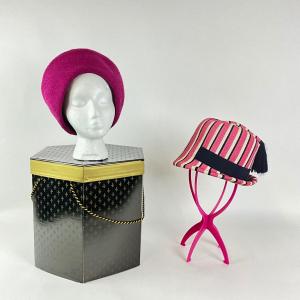 Photo of 752 Christian Dior Striped Hat & Pink Wool Pill Box Hat