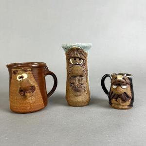 Photo of 672 Signed K.S. 1970 Handcrafted Stoneware Funny Face Mugs