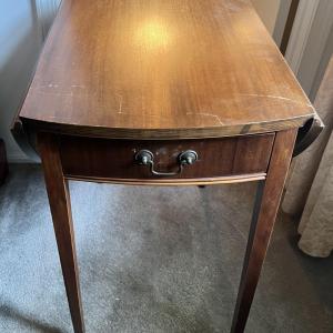 Photo of Antique Drop Leaf Oval Single Drawer Table as Pictured.