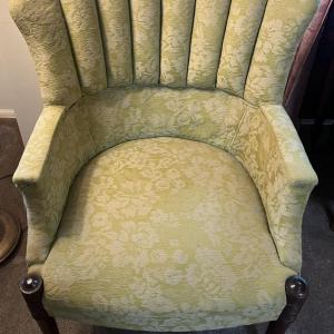 Photo of Vintage Light Green Upholstered Round Back Wing Chair w/Wooden Legs as Pictured.