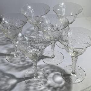 Photo of Lot of 6 Antique Early Stemware Etched Design Glasses 5-7/8" Tall in VG Preowned