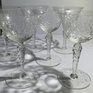 Photo of Lot of 5 Antique Early Stemware Etched Design Glasses 5" Tall in VG Preowned Con