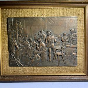 Photo of Vintage/Antique Encased Metal Copper Early American Plaque on a 9" x 11" Frame a