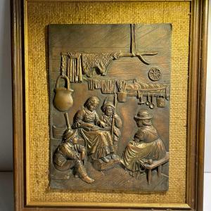 Photo of Vintage/Antique Encased Metal Copper Early American Plaque on a 9" x 11" Frame a