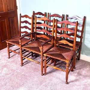 Photo of Set of Vintage 6 Solid Wood Cane Seat Dining Chairs including 1 Captains Chair