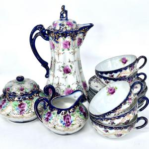Photo of Antique Hand Painted Chocolate Pot Set with Cups, Saucers, Sugar, and Creamer
