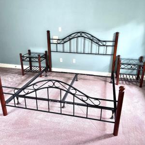 Photo of 3 Piece Bedroom Set - Ornate Metal/Wood King Sized Bed Frame and 2 Glass Top Nig