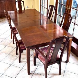 Photo of Vintage Solid Wood Dining Table with 2 Leaves, Inlay Design, and 6 Solid Wood Ch