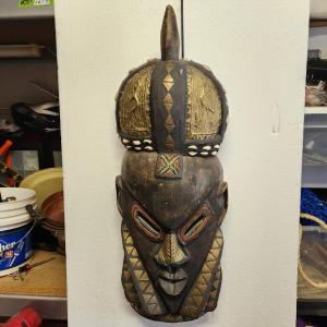 Photo of Large African Tribal Folk Art Carved Beaded Brass Metal Shells Mask 27" x10"