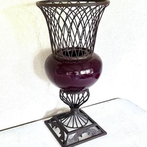 Photo of Vintage 22-1/2" Tall Metal Wire Planter with Brown Ceramic Bowl