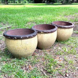 Photo of Set of 3 Yellow with Brown Rim Ceramic Planter Pots