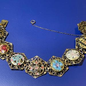 Photo of Vintage/Antique Filigree Gold-tone Hand Painted 7" Bracelet w/Safety Chain as Pi