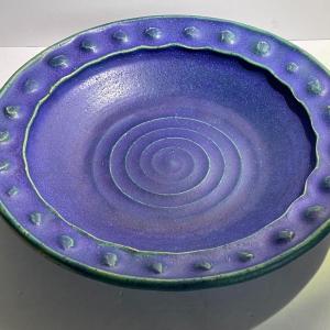 Photo of Vintage Mid-Century Blue Glazed Stoneware Pottery Bowl 10.5" Diameter in Good Co