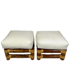 Photo of 611 Pair of Large Bamboo & Wicker Ottomans w/Cushions
