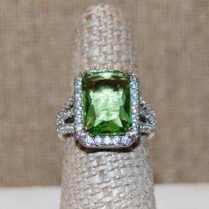 Photo of Size 7½ Mint Green Rectangle Cut Stone Ring with Clear Accents on a Silver Tone