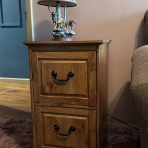 Photo of Wood File Cabinet (second floor) w/ Wolf Lamp (second floor)