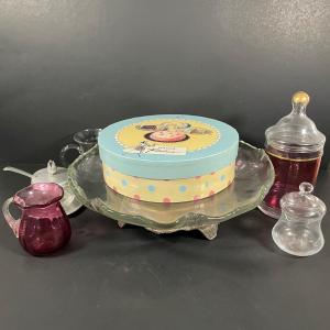 Photo of LOT 160D: Collection Of Clear, Etched & Colored Glass - Spinning Cake Stand, Pot