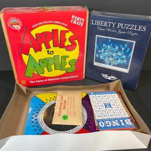 Photo of LOT 149B: Vintage Bingo & Modern Apples To Apples Party Crate w/ Liberty Puzzles