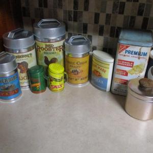 Photo of Assortment of Tin Advertising Product Canisters Kitchen Storage Containers Some 