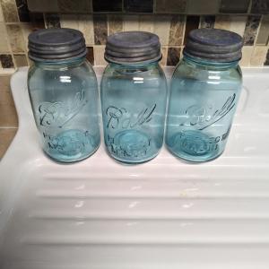 Photo of Set of Three Blue Tint Ball Jars with Zinc Lids