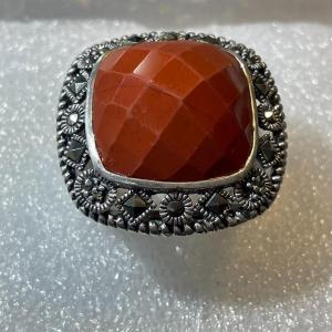 Photo of Vintage Sterling Silver Large Carnelian Stone Ring Size 7-3/4 in Good Preowned C
