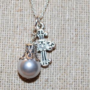 Photo of Faux Pearl & Cross PENDANTS (1") on an Adjustable Necklace Chain 14"-18" L