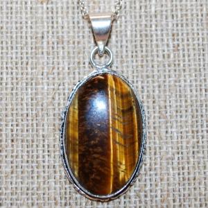Photo of Large Oval Tiger Eye PENDANT (2" x 1") on an Adjustable Necklace Chain 14"-18" L