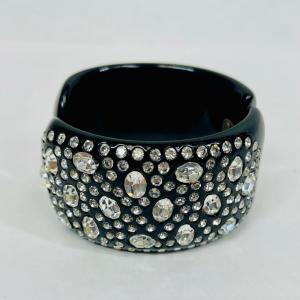 Photo of Vintage Hinged Black Plastic Cuff Bracelet with Rhinestones