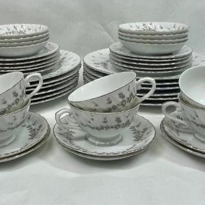 Photo of Style House Fine China Set "Picardy" Japan, 45 pc set, white with pink & gray fl