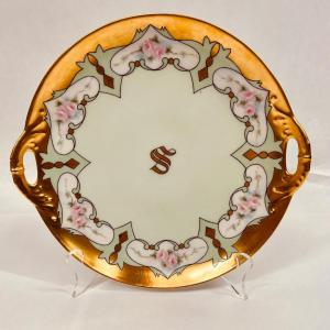 Photo of Haviland & Co Limoges France M A M Cake Plate with handles Letter S Flowers gold