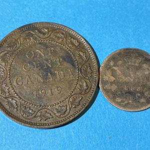 Photo of Canada 1919 Large Cent & 1886 Small-6 5-Cent Silver Coin Circulated as Pictured.