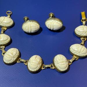 Photo of Vintage Heavily Worn White Scarab Fashion Bracelet 7" w/Earrings in Fair-Good Pr