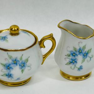 Photo of Creamer and Sugar Bowl - white china with blue flowers & gold trim