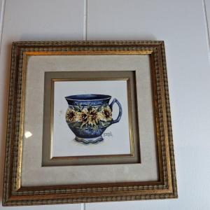 Photo of Framed Teacup Watercolor Print Artist Signed Frankie Buckley