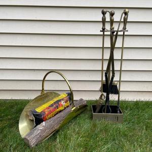 Photo of LOT 17L: Vintage Brass Fireplace Tools & Fire Wood Holder